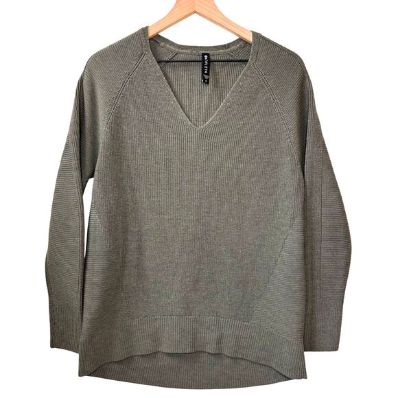 ATHLETA Hanover Wool Sweater Size S V-neck Green Ribbed Pullover Oversized Cozy - Picture 1 of 12